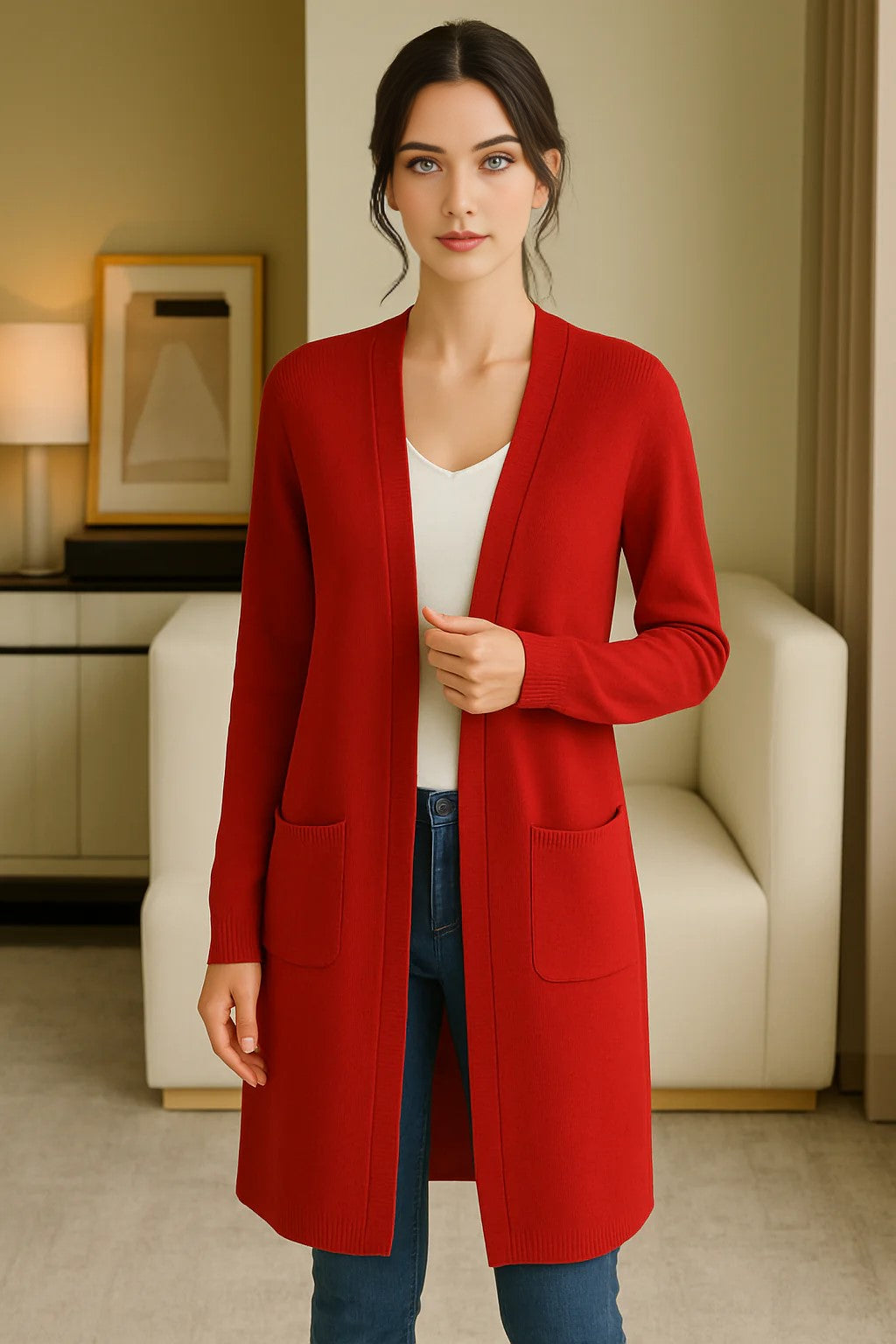 Elegante lange kasjmier cardigan voor dames – comfortabele stijl voor de herfst & Winter
