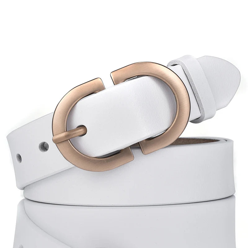 Cinto de couro feminino fivela de liga dourada couro natural