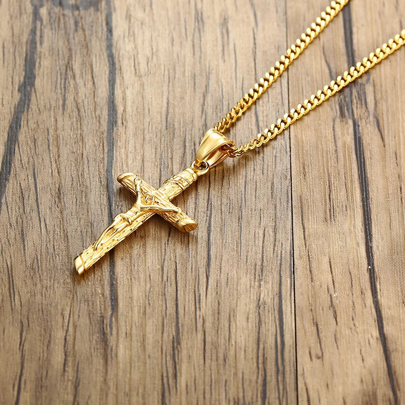 Gold Cross Necklace – Unisex Stainless Steel Jesus Pendant, Catholic Faith Jewelry