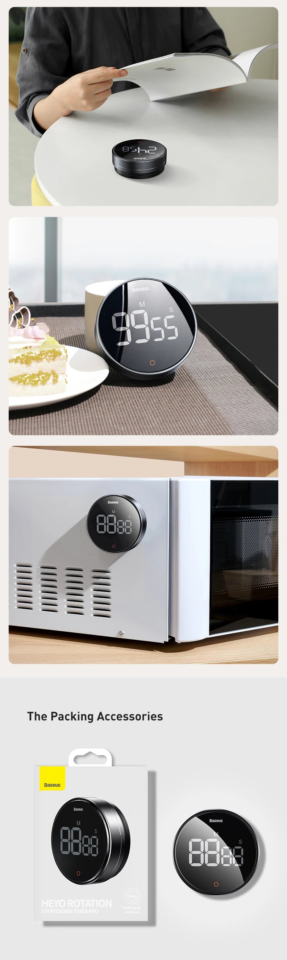 Baseus Digital Kitchen Timer Magnetic Countdown Alarm Clock Work Study Baking Reminder Stand Desk Cooking Clock Stopwatch Timer