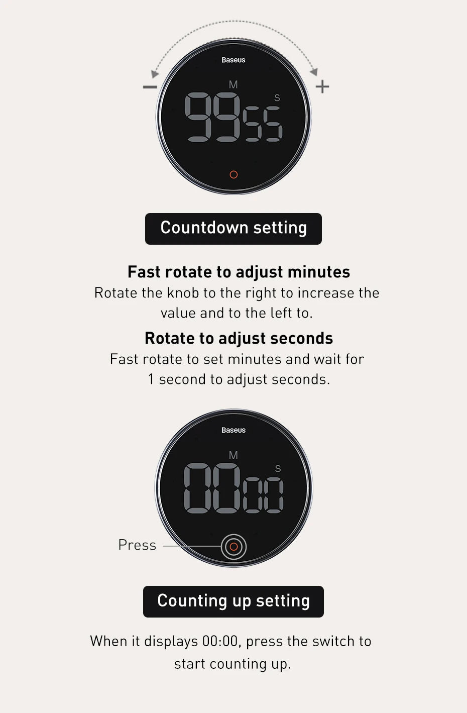 Baseus Digital Kitchen Timer Magnetic Countdown Alarm Clock Work Study Baking Reminder Stand Desk Cooking Clock Stopwatch Timer