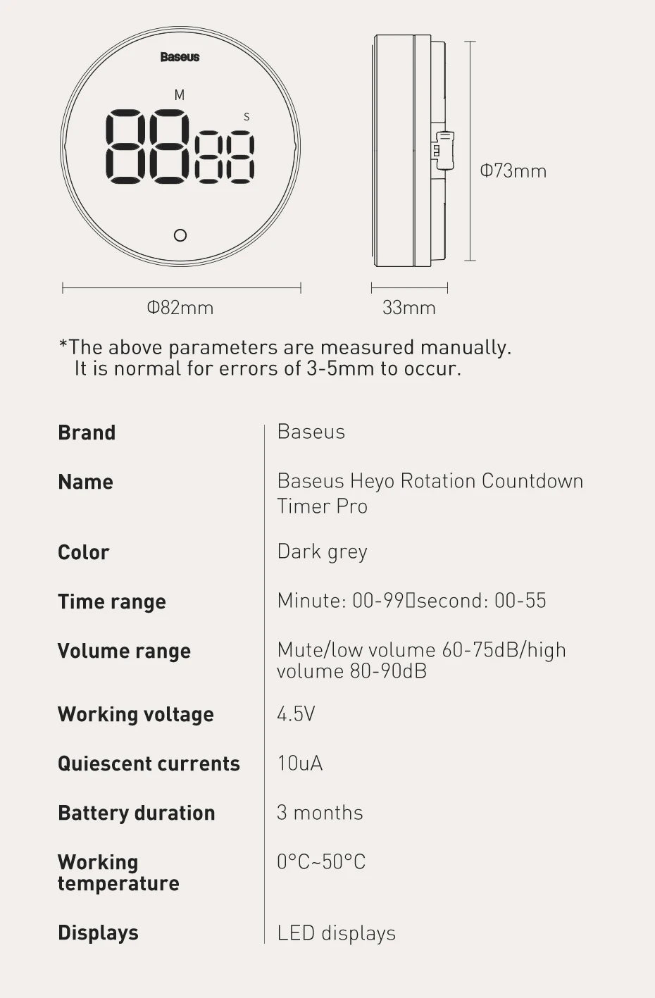 Baseus Digital Kitchen Timer Magnetic Countdown Alarm Clock Work Study Baking Reminder Stand Desk Cooking Clock Stopwatch Timer
