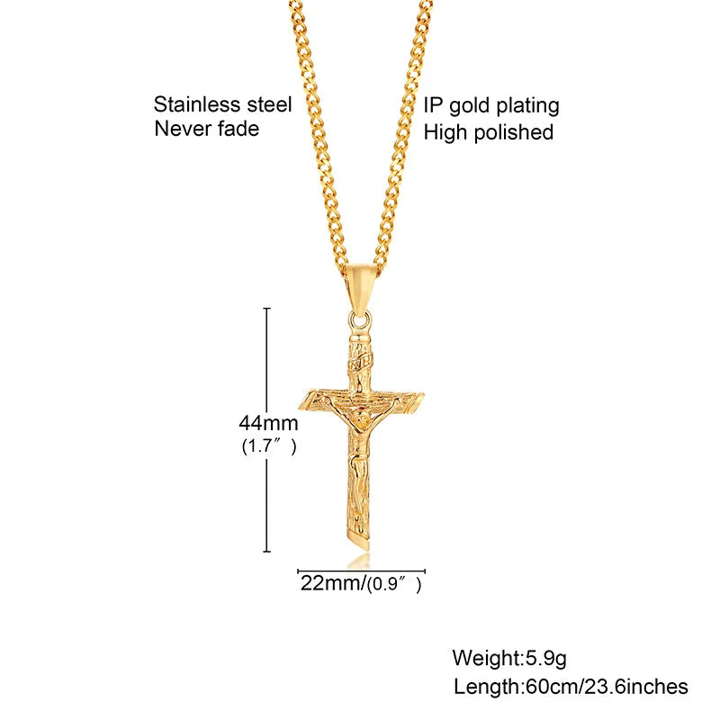 Gold Cross Necklace – Unisex Stainless Steel Jesus Pendant, Catholic Faith Jewelry