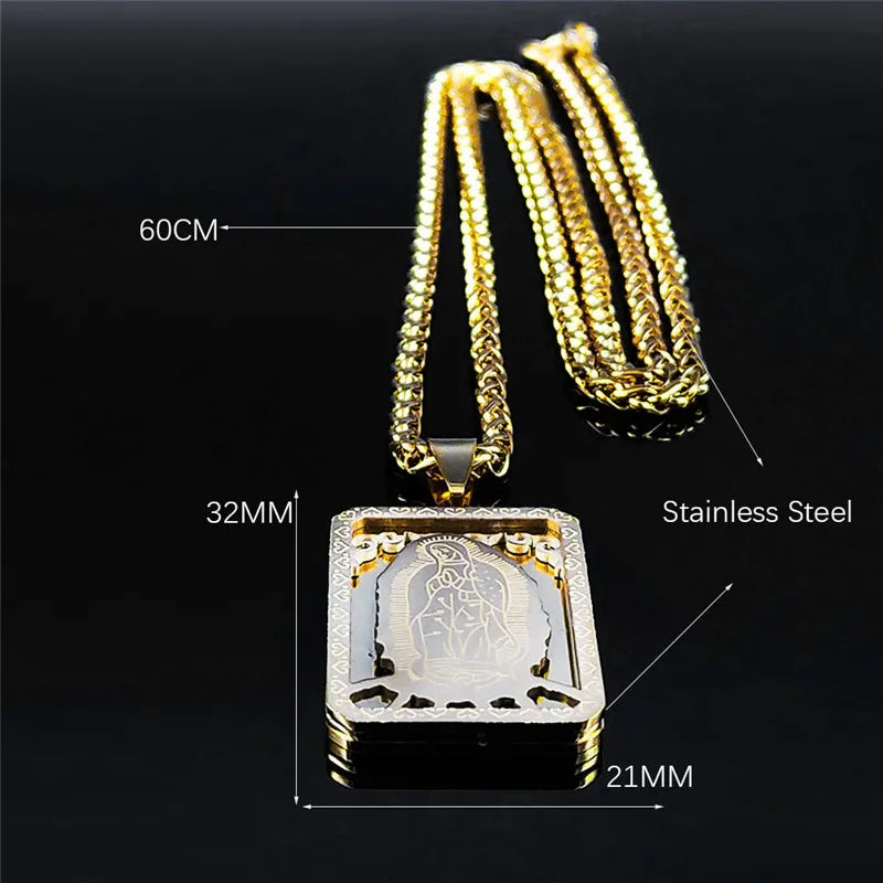 Médaille catholique Vierge Marie Notre-Dame de Guadalupe Collier pendentif Unisexe Gold Color Inoxydless Steel