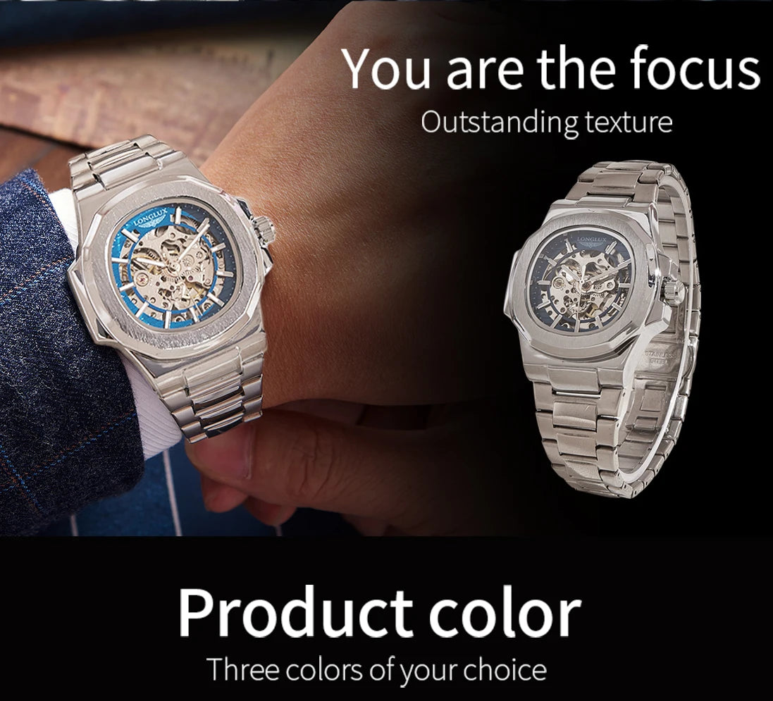 Miami Design -Longlux ™ Men Automatisch mechanisch horloge luxe horloges waterdicht skelet roestvrijstalen horloge