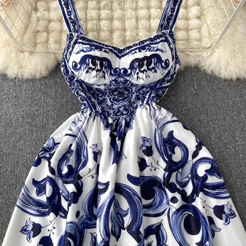 Dames V-hals Red Blue en White Print Spaghetti Strap Holiday Maxi Dress Summer Runway Floral Print Vacation Long Robes