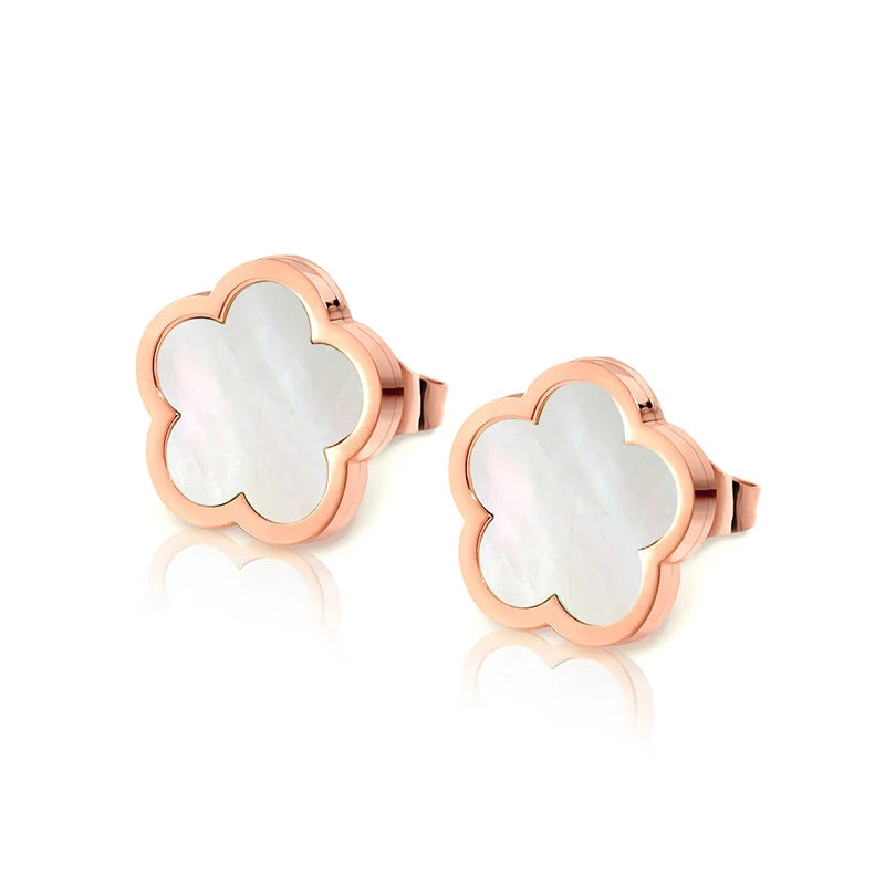 Flor de concha blanca verde elegante de lujo - Pendientes de pendientes de cuatro hojas Pulseras de collar de joyas de acero inoxidable para mujeres