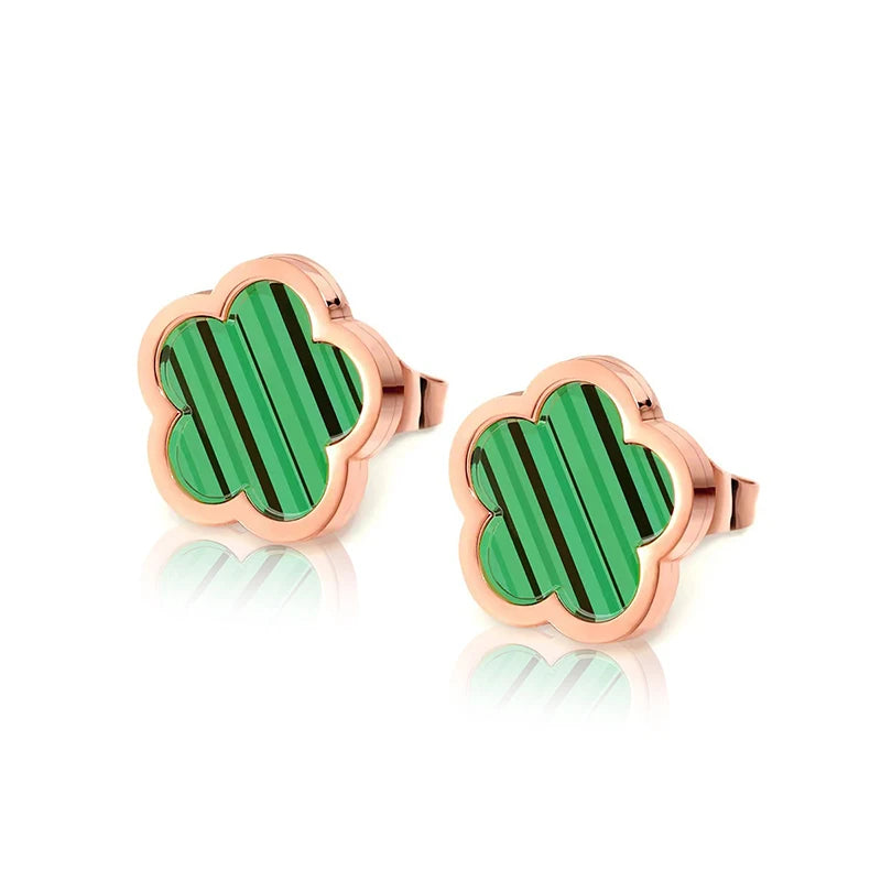 Flor de concha blanca verde elegante de lujo - Pendientes de pendientes de cuatro hojas Pulseras de collar de joyas de acero inoxidable para mujeres