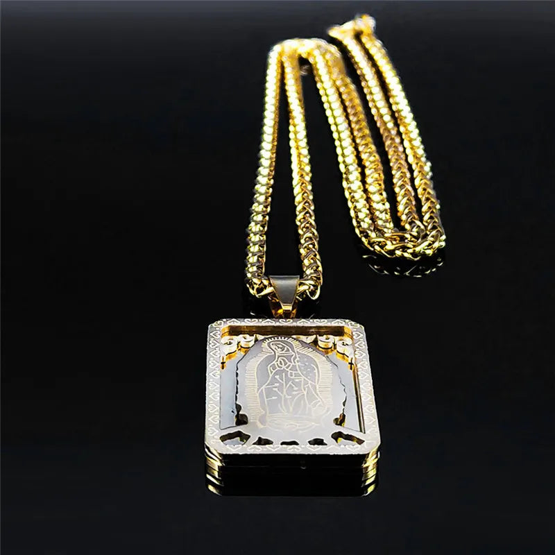 Médaille catholique Vierge Marie Notre-Dame de Guadalupe Collier pendentif Unisexe Gold Color Inoxydless Steel