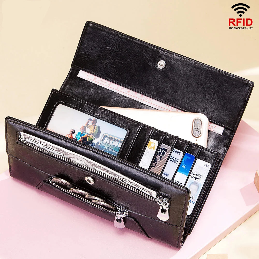 MIAMI DESIGN HUMER™ Women’s RFID Genuine Cowhide Leather Wallet – Anti-Theft & Anti-Pickpocket Long Clutch