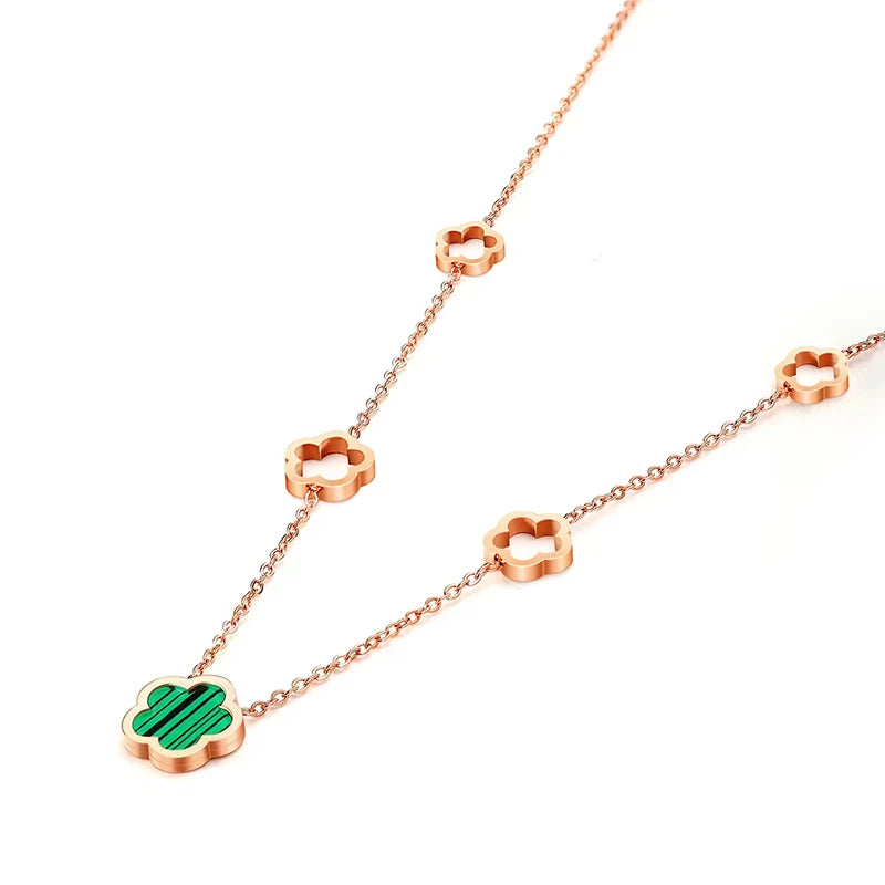 Flor de concha blanca verde elegante de lujo - Pendientes de pendientes de cuatro hojas Pulseras de collar de joyas de acero inoxidable para mujeres