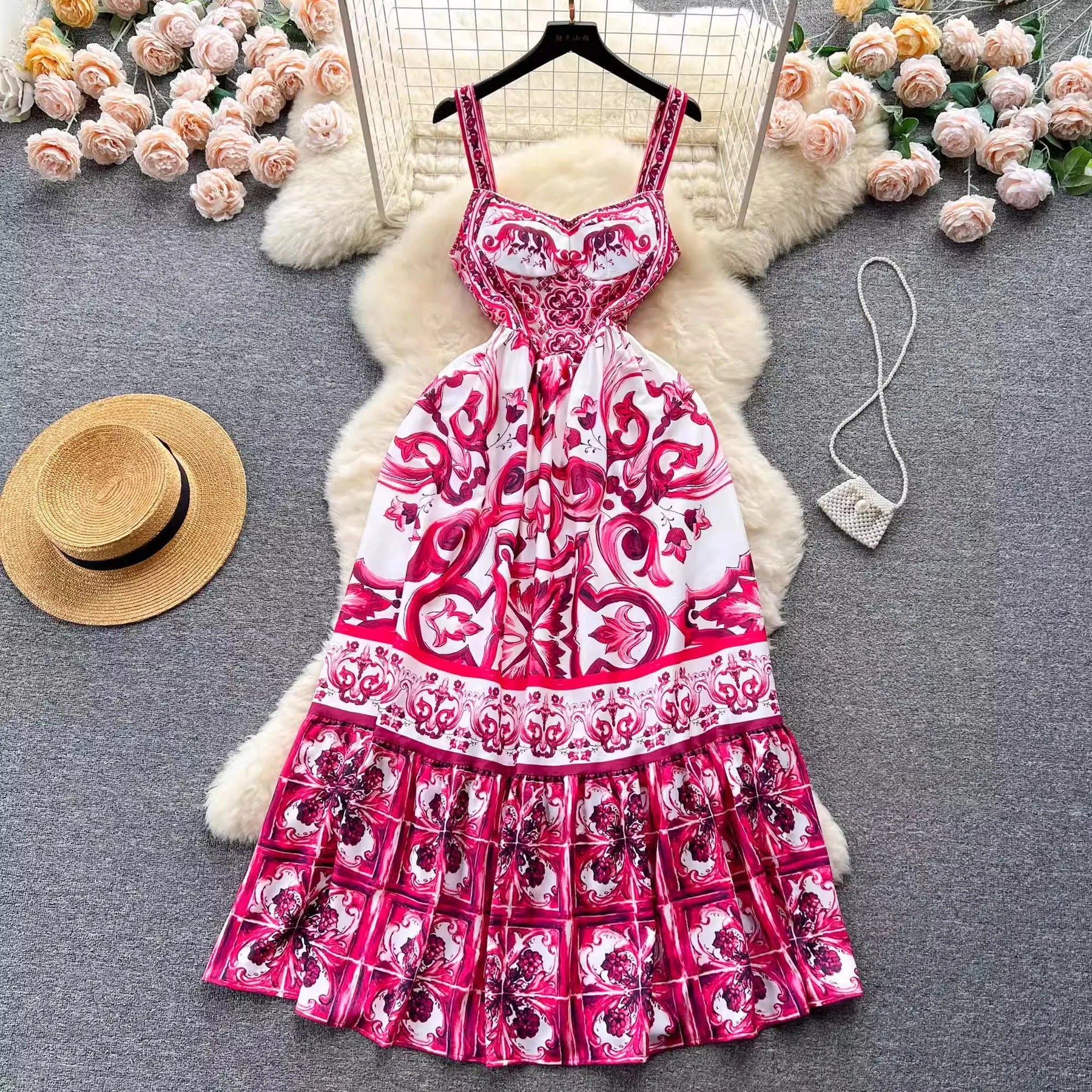 Dames V-hals Red Blue en White Print Spaghetti Strap Holiday Maxi Dress Summer Runway Floral Print Vacation Long Robes