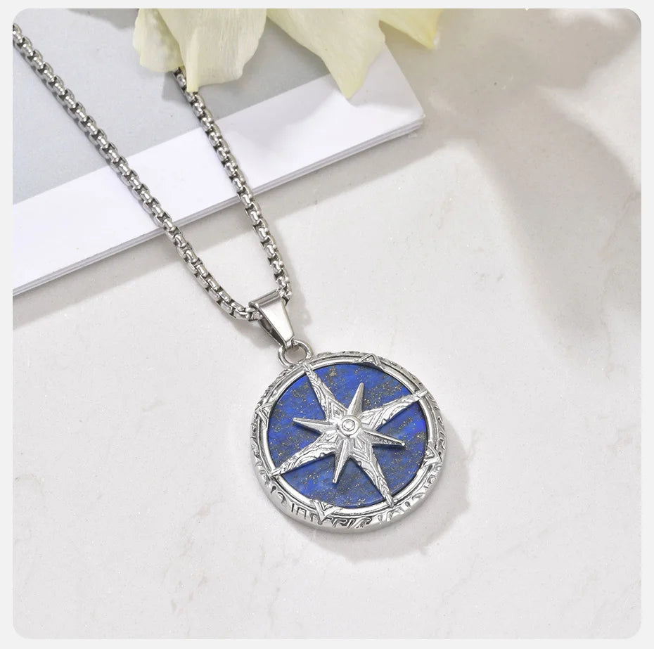 Stainless Steel Eight Awn Star Turquoise Pendant Necklace 24x28x6.2mm Hypoallergenic Jewelry Vintage Gifts for Men Women