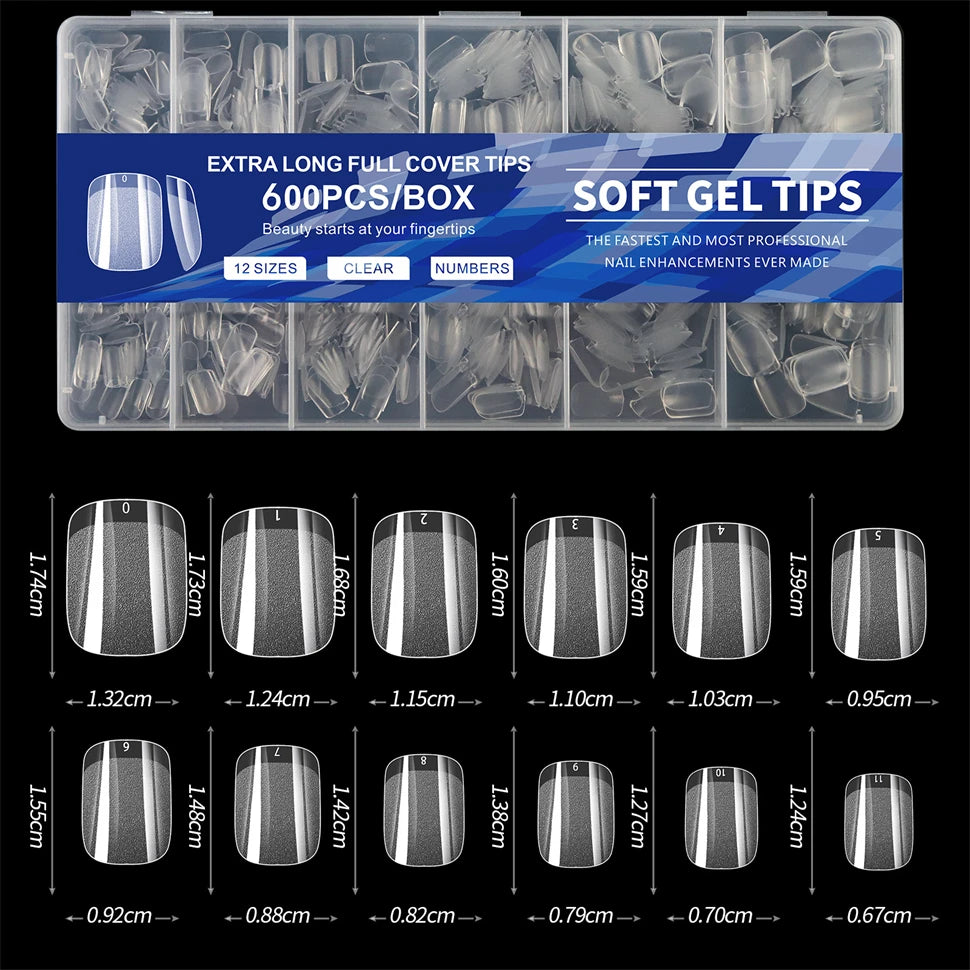 600 PCS GEL SOFT X PIBLES DE NOUVELLES FOURNES, COUVERTURE FULLE FAUX TEPPORTS NOIDS POUR GEL Nails en acrylique, Amande Nail Amande Extra Amande Medium carré