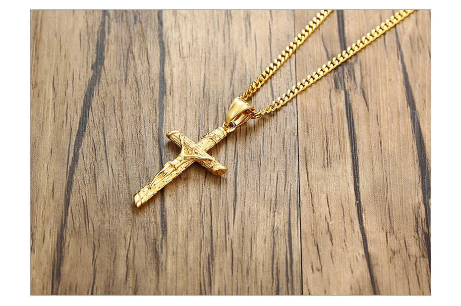 Gold Cross Necklace – Unisex Stainless Steel Jesus Pendant, Catholic Faith Jewelry