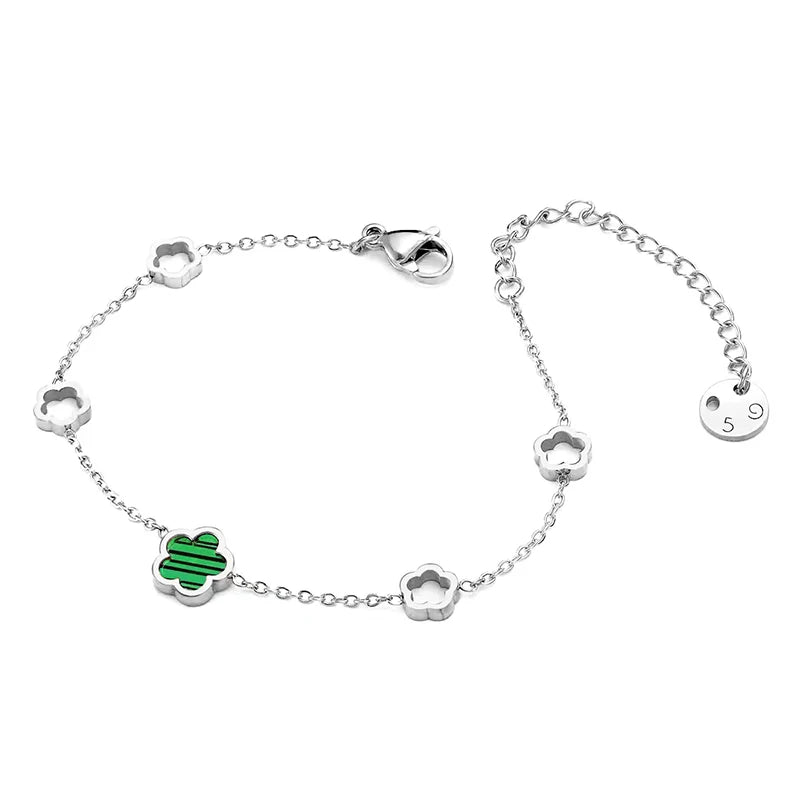 Flor de concha blanca verde elegante de lujo - Pendientes de pendientes de cuatro hojas Pulseras de collar de joyas de acero inoxidable para mujeres
