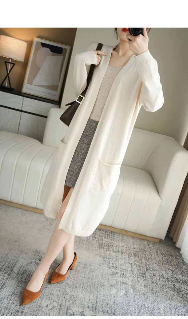 Elegante lange kasjmier cardigan voor dames – comfortabele stijl voor de herfst & Winter