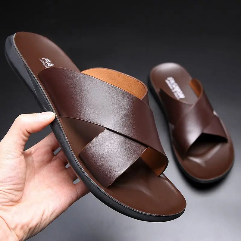 Men's Leather Flip Flops – Casual Non-Slip Sandals with Soft Sole for Beach & Everyday Wear