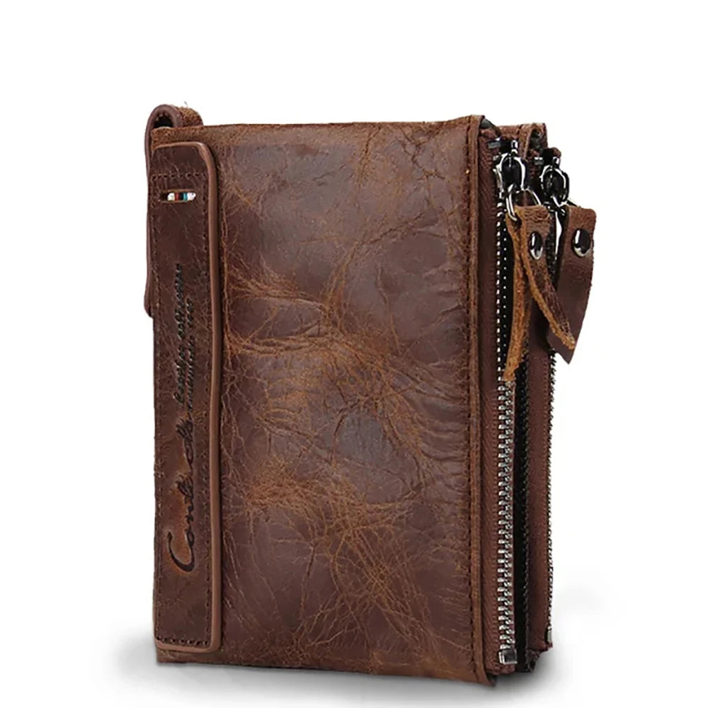 Billetera de cuero genuina Marca de lujo Doble Pe Small Coin Moned Purse Femenino Money Bag Tarjeta de identificación Tarjeta de identificación