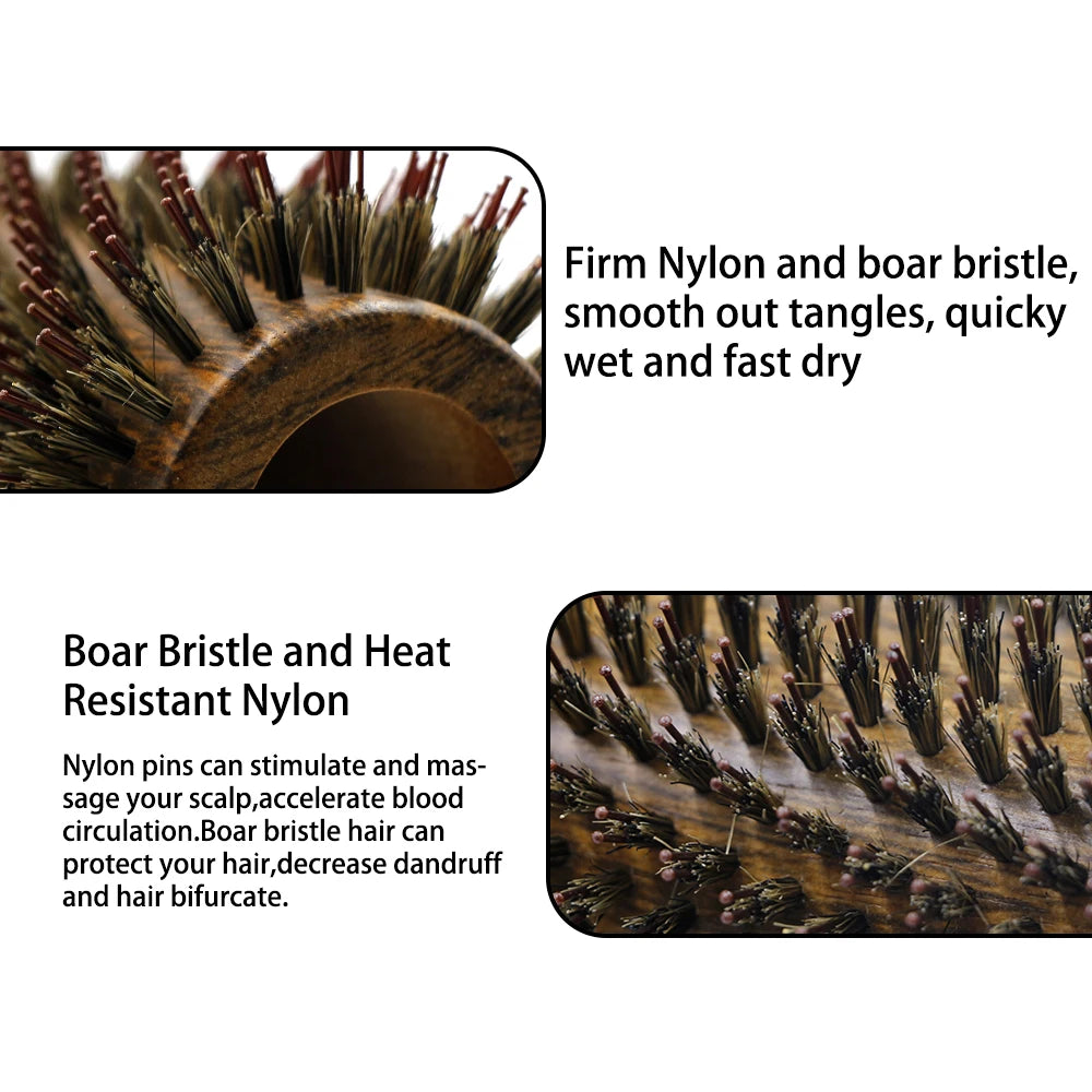 Professional Boar Bristle Round Hair Brush for Women and Men Hair Styling Comb Salon Hairdressing Hairdresser Wood Round Brush