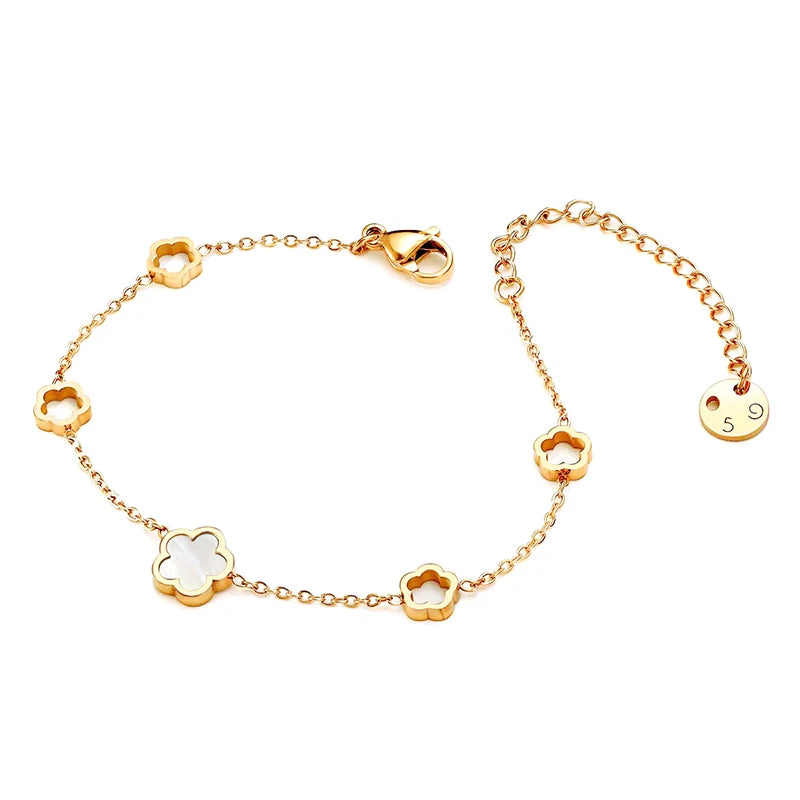 Flor de concha blanca verde elegante de lujo - Pendientes de pendientes de cuatro hojas Pulseras de collar de joyas de acero inoxidable para mujeres