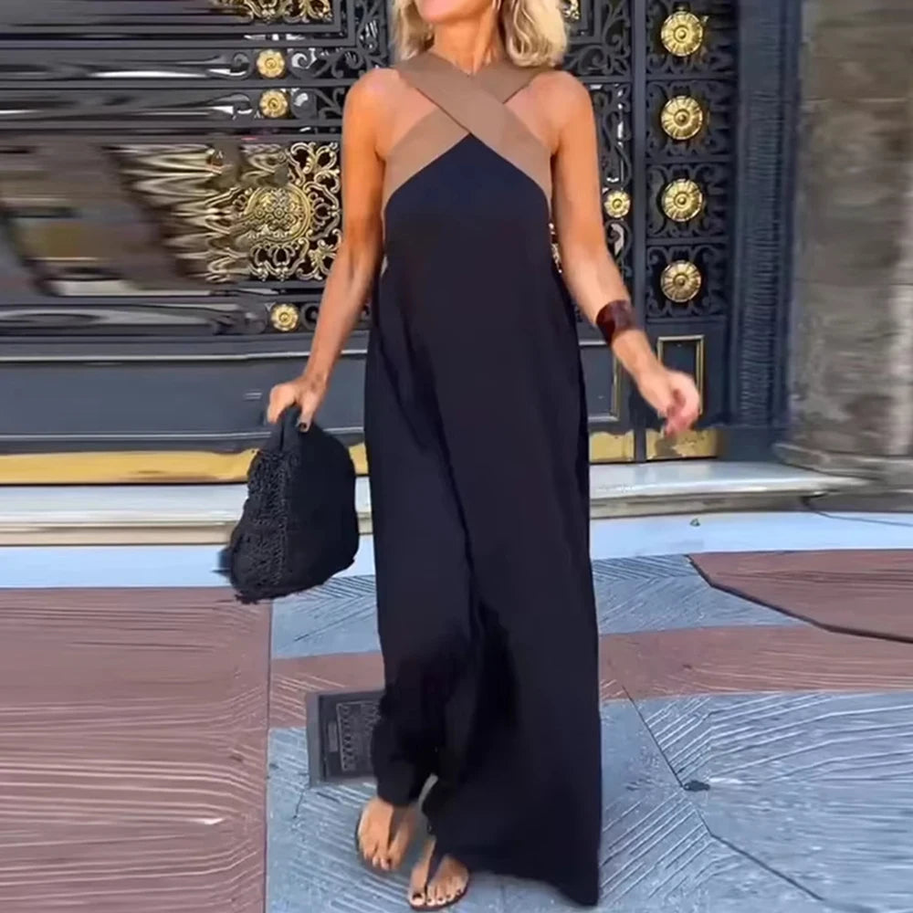 Dresses Spring Summer Casual Retro Vintage Sleeveless Halter Neck Maxi Daily Shift Dresses For Women