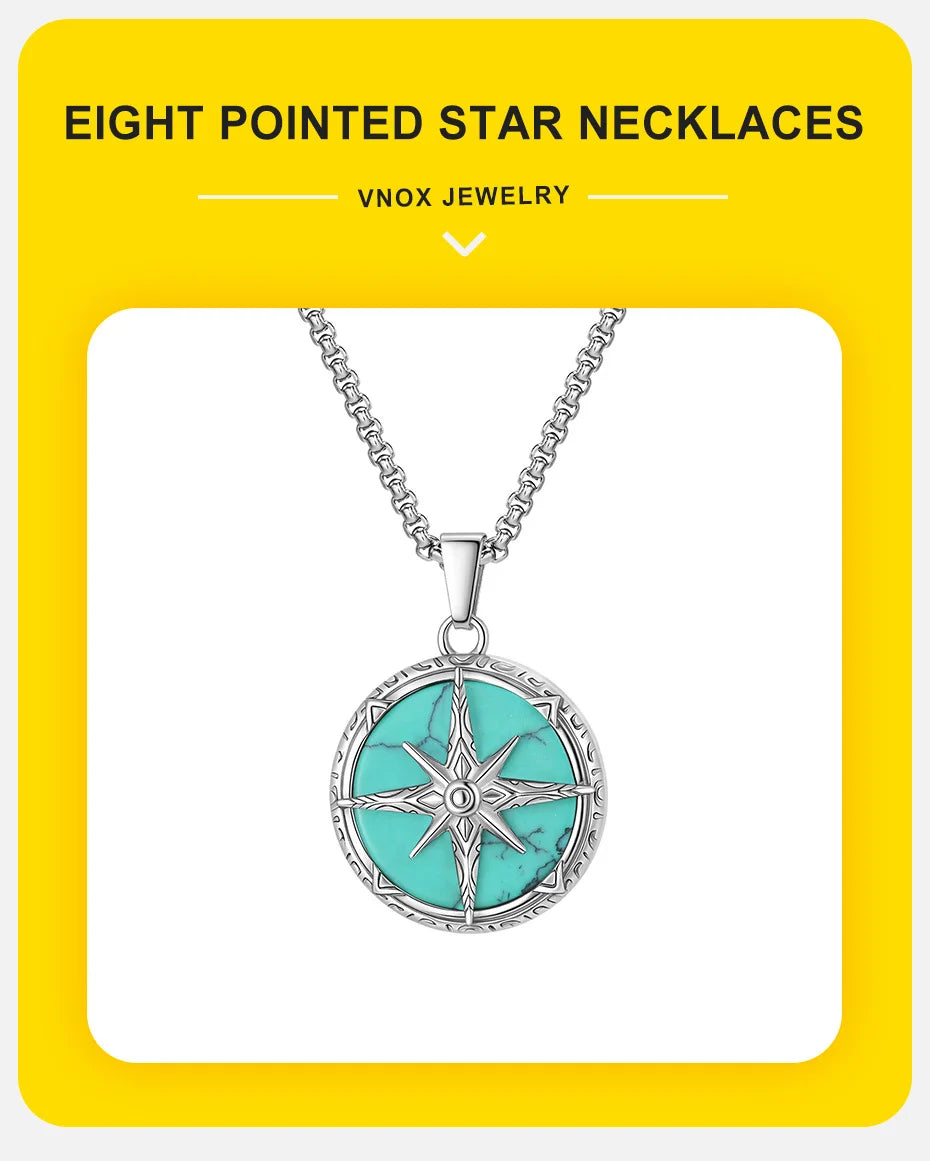 Stainless Steel Eight Awn Star Turquoise Pendant Necklace 24x28x6.2mm Hypoallergenic Jewelry Vintage Gifts for Men Women