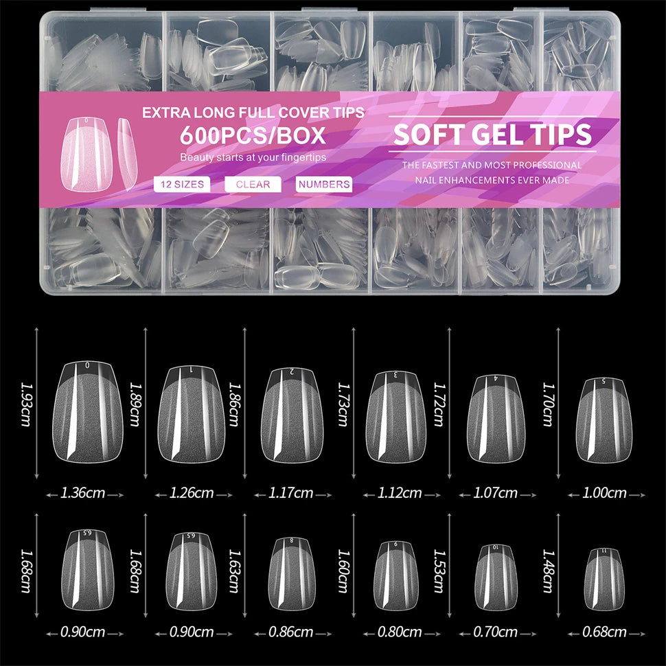 600 PCS GEL SOFT X PIBLES DE NOUVELLES FOURNES, COUVERTURE FULLE FAUX TEPPORTS NOIDS POUR GEL Nails en acrylique, Amande Nail Amande Extra Amande Medium carré