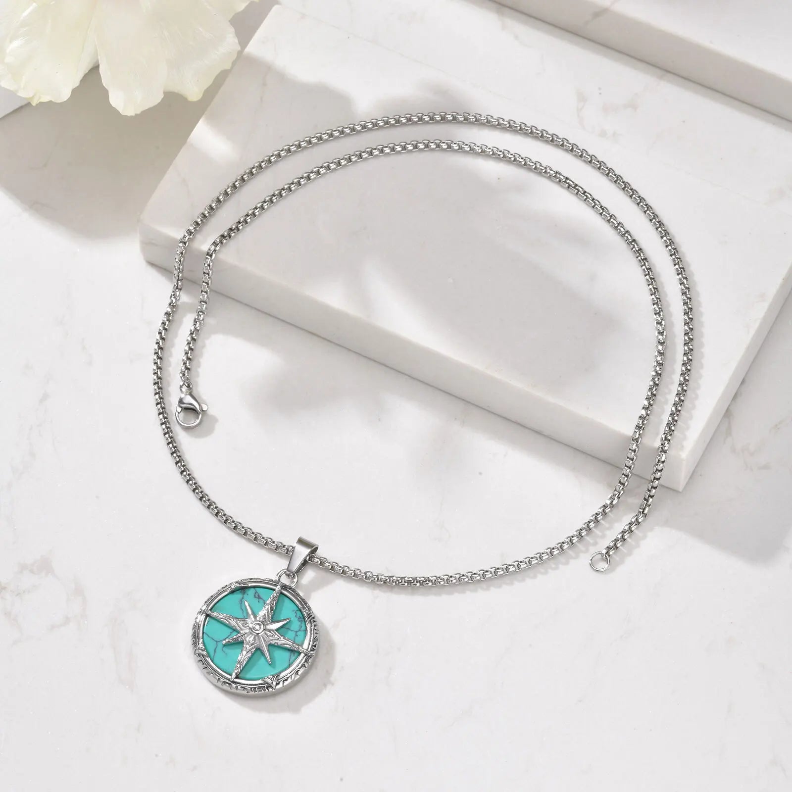 Stainless Steel Eight Awn Star Turquoise Pendant Necklace 24x28x6.2mm Hypoallergenic Jewelry Vintage Gifts for Men Women
