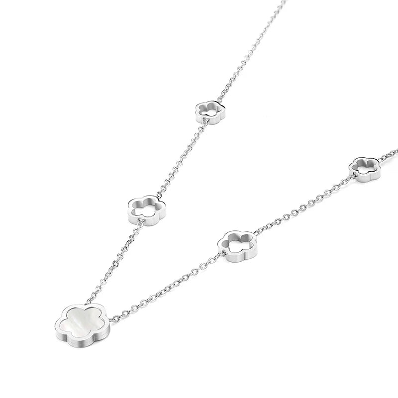 Flor de concha blanca verde elegante de lujo - Pendientes de pendientes de cuatro hojas Pulseras de collar de joyas de acero inoxidable para mujeres