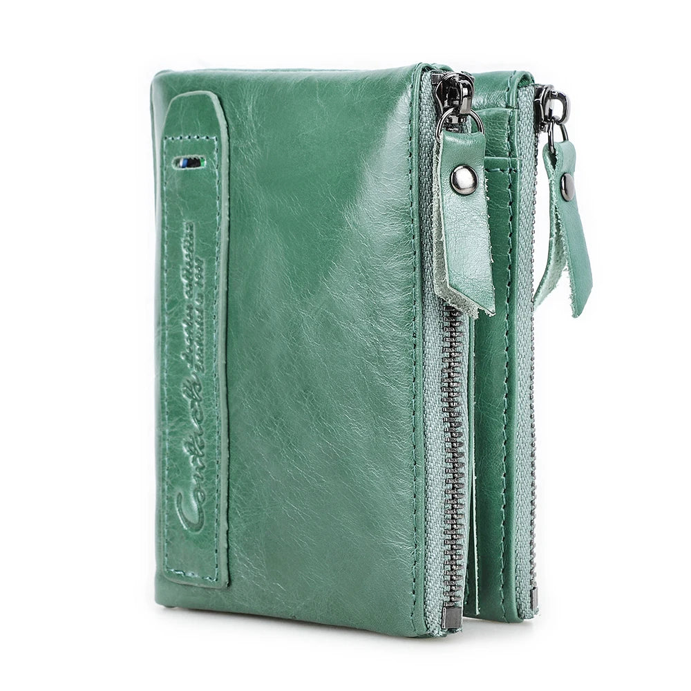 Billetera de cuero genuina Marca de lujo Doble Pe Small Coin Moned Purse Femenino Money Bag Tarjeta de identificación Tarjeta de identificación