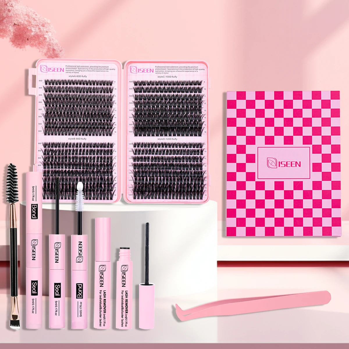 ISEEN DIY Segmented False Eyelash Set Large Capacity Cluster Eyelash Book With Glue,Remove GLue,Twezeer,Brush