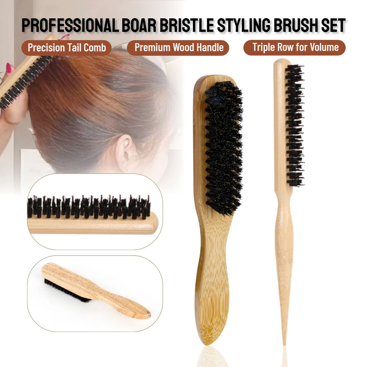 2Pcs Premium Bristle Hairbrush With Bamboo Handle Reduces Frizz and Static- Scalp Massage Bristle Brush Set For All Hair Types