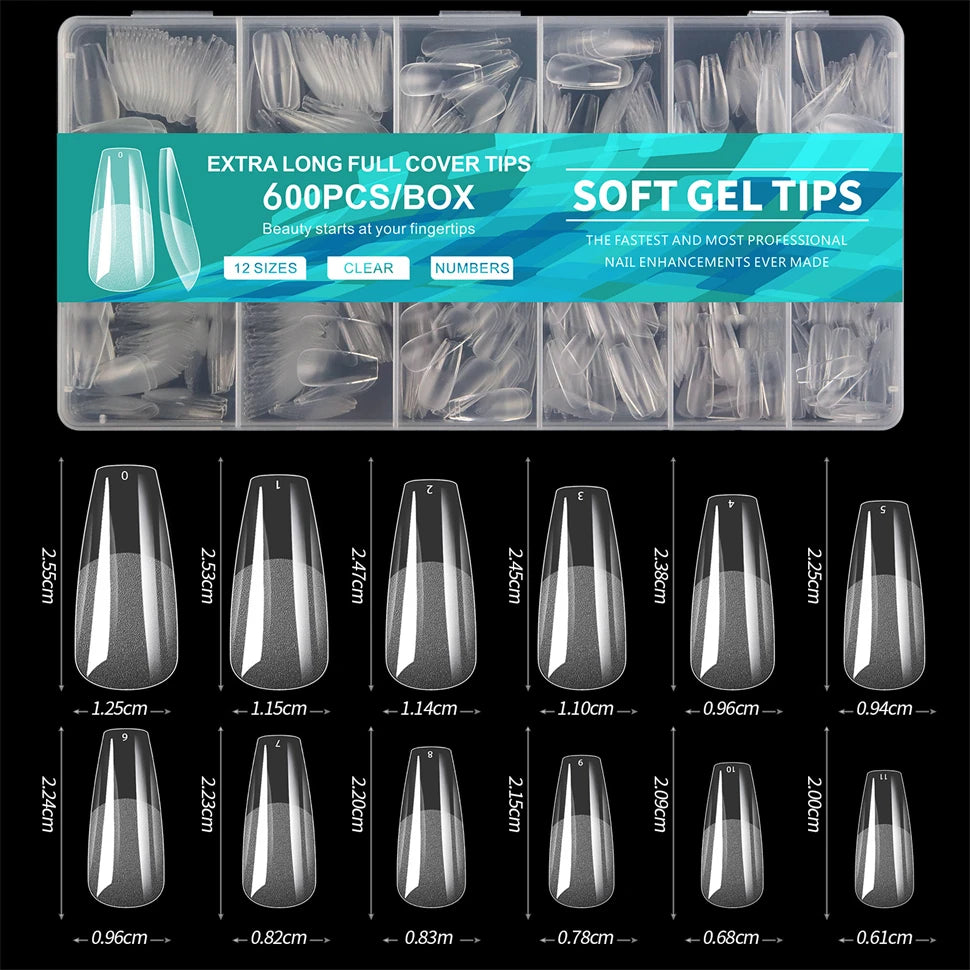 600 PCS GEL SOFT X PIBLES DE NOUVELLES FOURNES, COUVERTURE FULLE FAUX TEPPORTS NOIDS POUR GEL Nails en acrylique, Amande Nail Amande Extra Amande Medium carré
