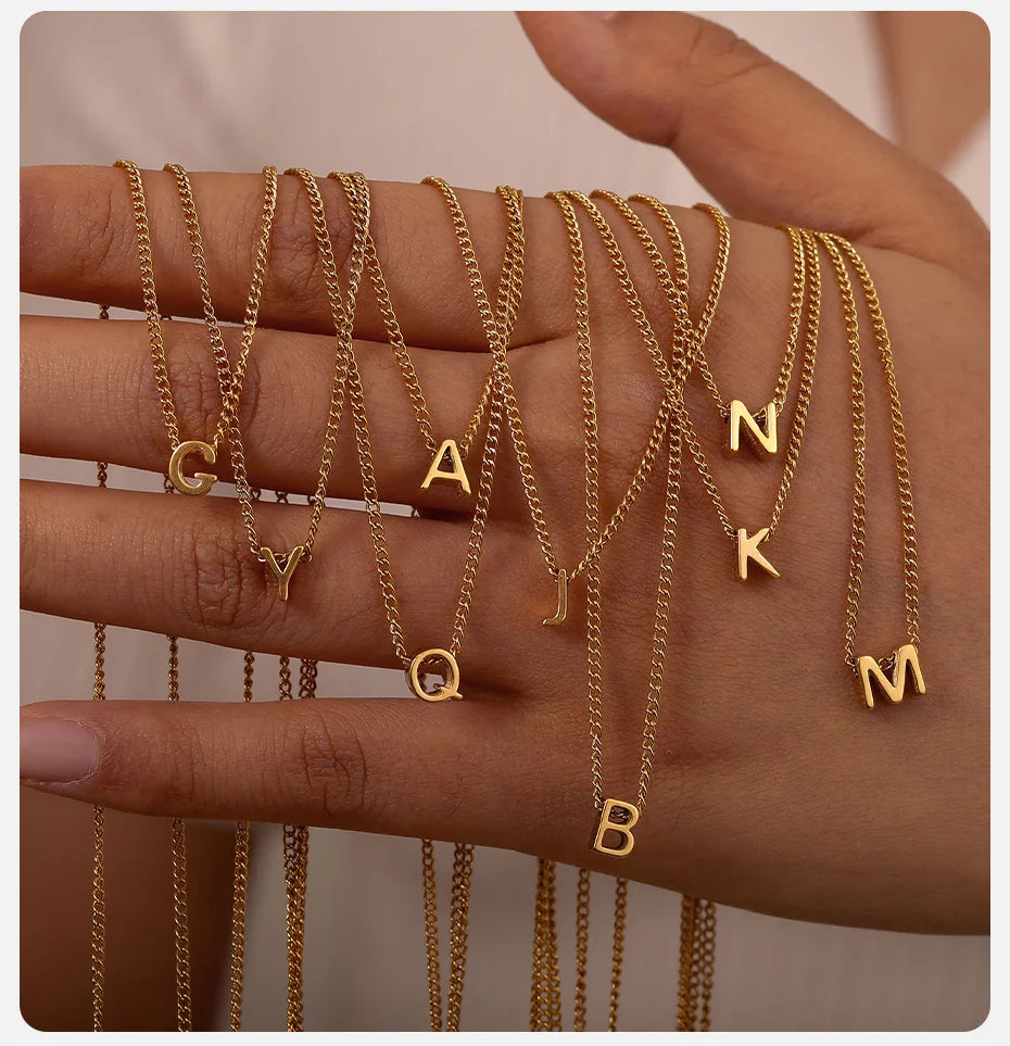 Chic Tiny A-Z Letters Necklaces for Women Girls, Gold Color Stainless Steel Initial Chokers,Small Pendent Necklaces Jewelry