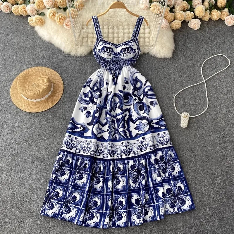 Dames V-hals Red Blue en White Print Spaghetti Strap Holiday Maxi Dress Summer Runway Floral Print Vacation Long Robes
