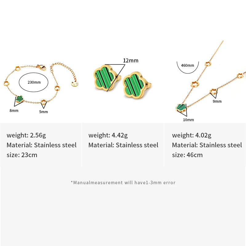 Flor de concha blanca verde elegante de lujo - Pendientes de pendientes de cuatro hojas Pulseras de collar de joyas de acero inoxidable para mujeres