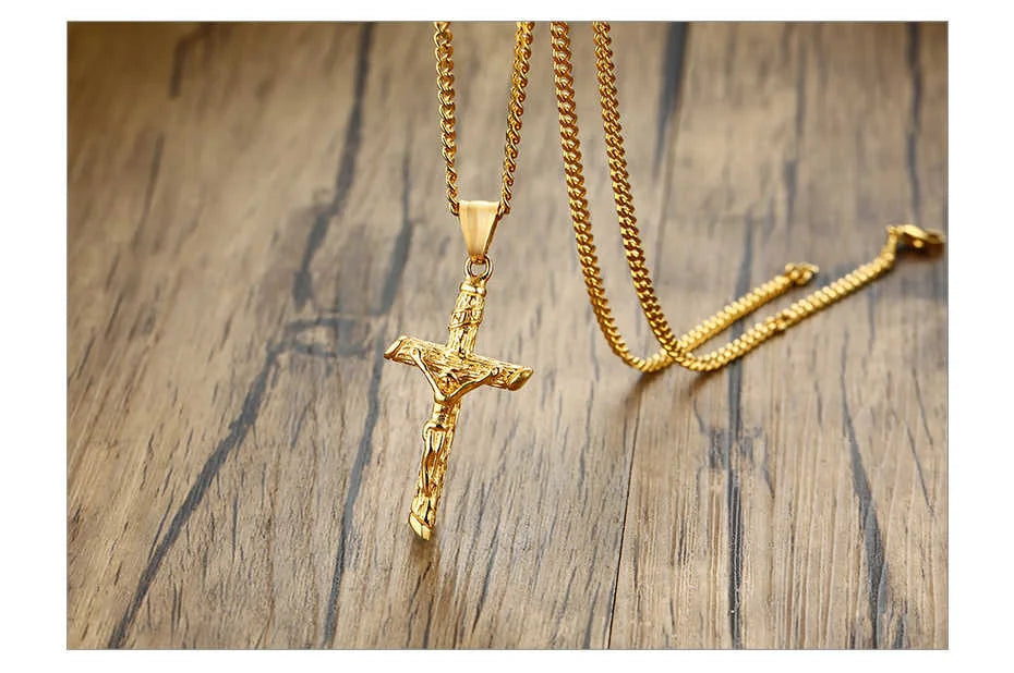 Gold Cross Necklace – Unisex Stainless Steel Jesus Pendant, Catholic Faith Jewelry