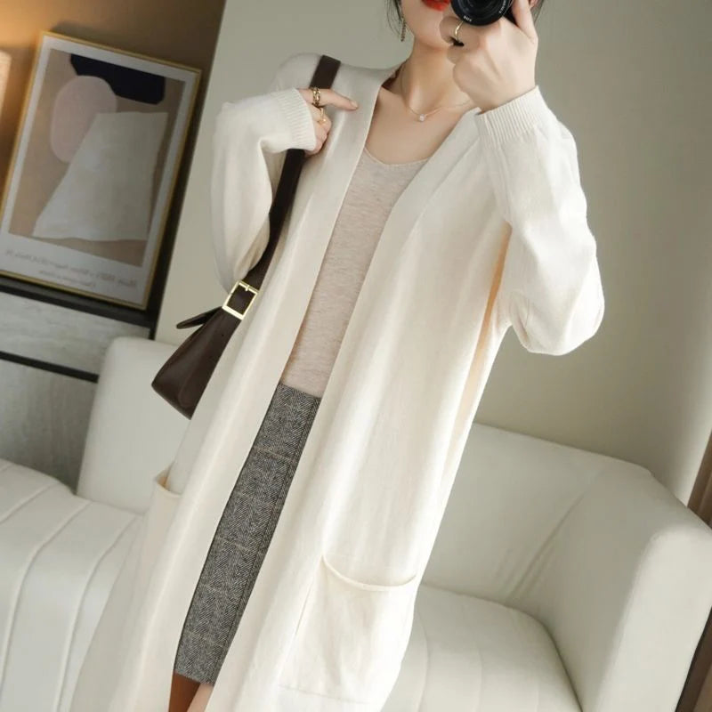 Elegante lange kasjmier cardigan voor dames – comfortabele stijl voor de herfst & Winter