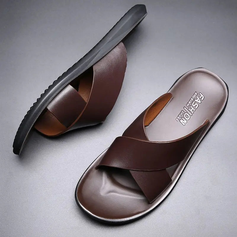 Men's Leather Flip Flops – Casual Non-Slip Sandals with Soft Sole for Beach & Everyday Wear