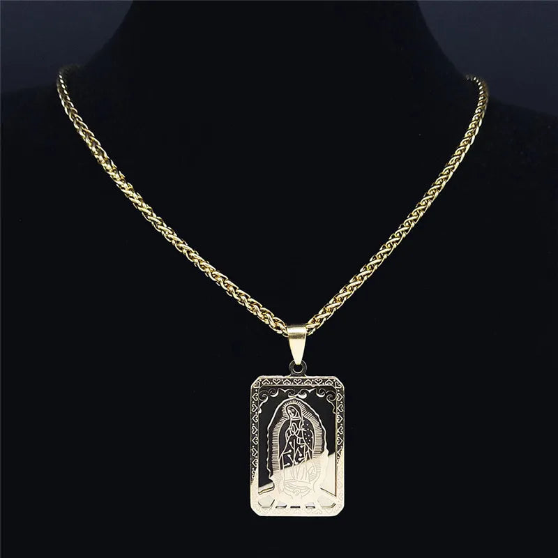 Médaille catholique Vierge Marie Notre-Dame de Guadalupe Collier pendentif Unisexe Gold Color Inoxydless Steel
