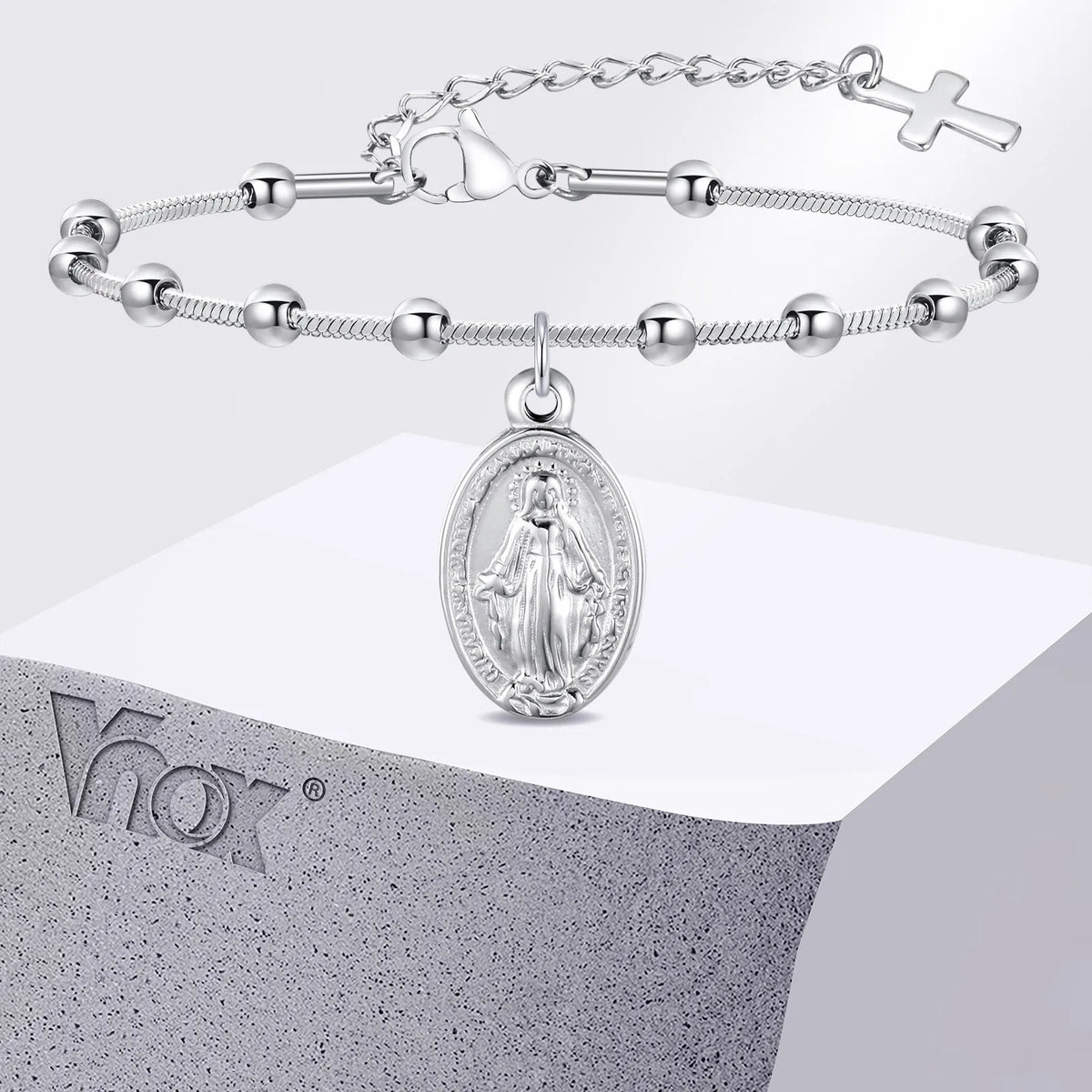 Gold-Plate Stainless Steel Rosary Bracelet for Women – Virgin Mary Religious Prayer Bracelet with Cross