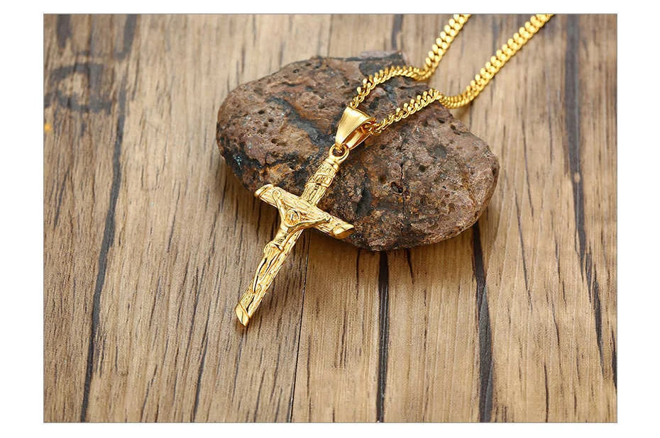 Gold Cross Necklace – Unisex Stainless Steel Jesus Pendant, Catholic Faith Jewelry