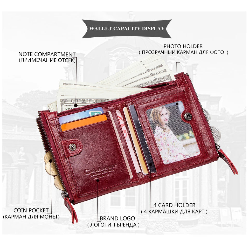 Billetera de cuero genuina Marca de lujo Doble Pe Small Coin Moned Purse Femenino Money Bag Tarjeta de identificación Tarjeta de identificación
