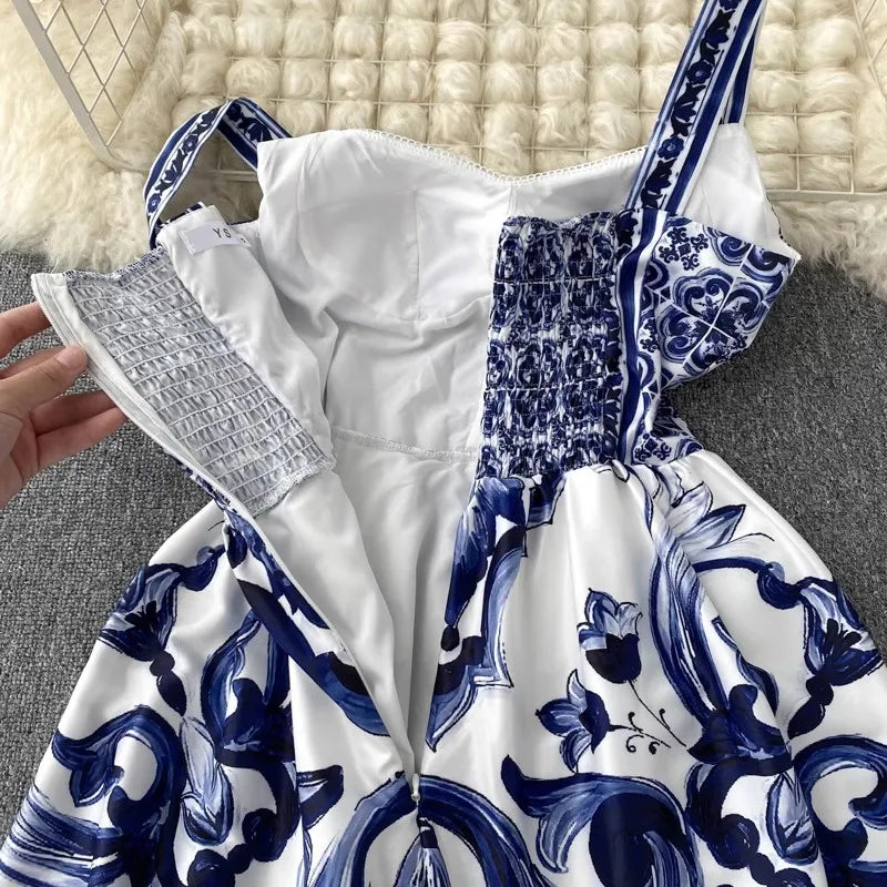 Dames V-hals Red Blue en White Print Spaghetti Strap Holiday Maxi Dress Summer Runway Floral Print Vacation Long Robes