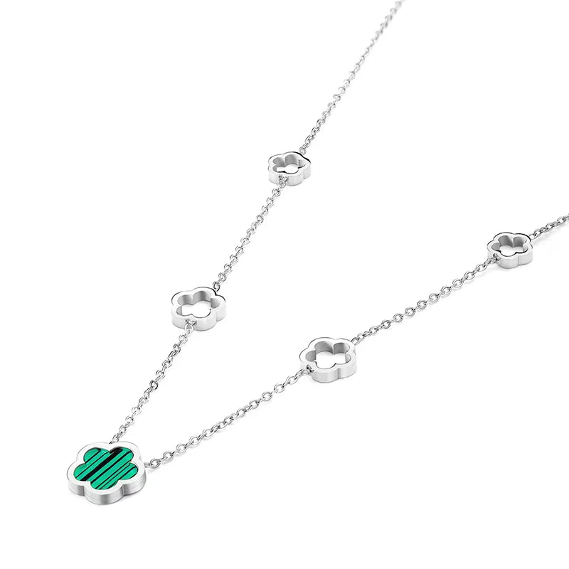 Flor de concha blanca verde elegante de lujo - Pendientes de pendientes de cuatro hojas Pulseras de collar de joyas de acero inoxidable para mujeres