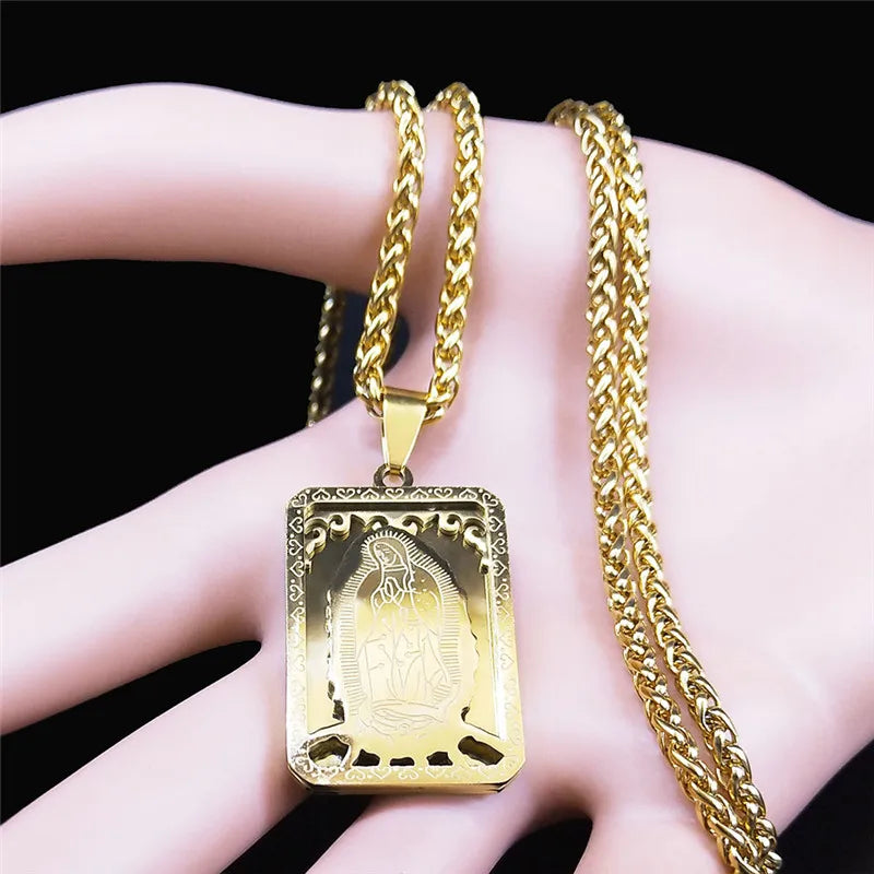 Médaille catholique Vierge Marie Notre-Dame de Guadalupe Collier pendentif Unisexe Gold Color Inoxydless Steel