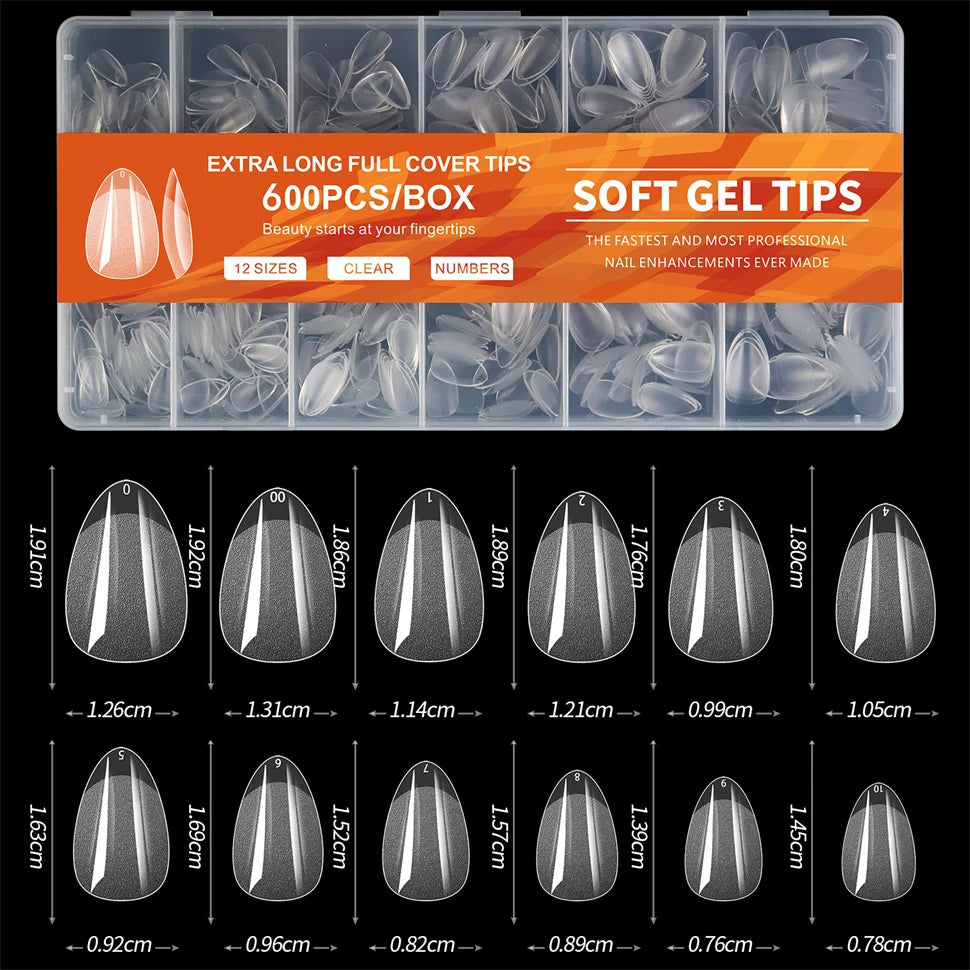 600 PCS GEL SOFT X PIBLES DE NOUVELLES FOURNES, COUVERTURE FULLE FAUX TEPPORTS NOIDS POUR GEL Nails en acrylique, Amande Nail Amande Extra Amande Medium carré