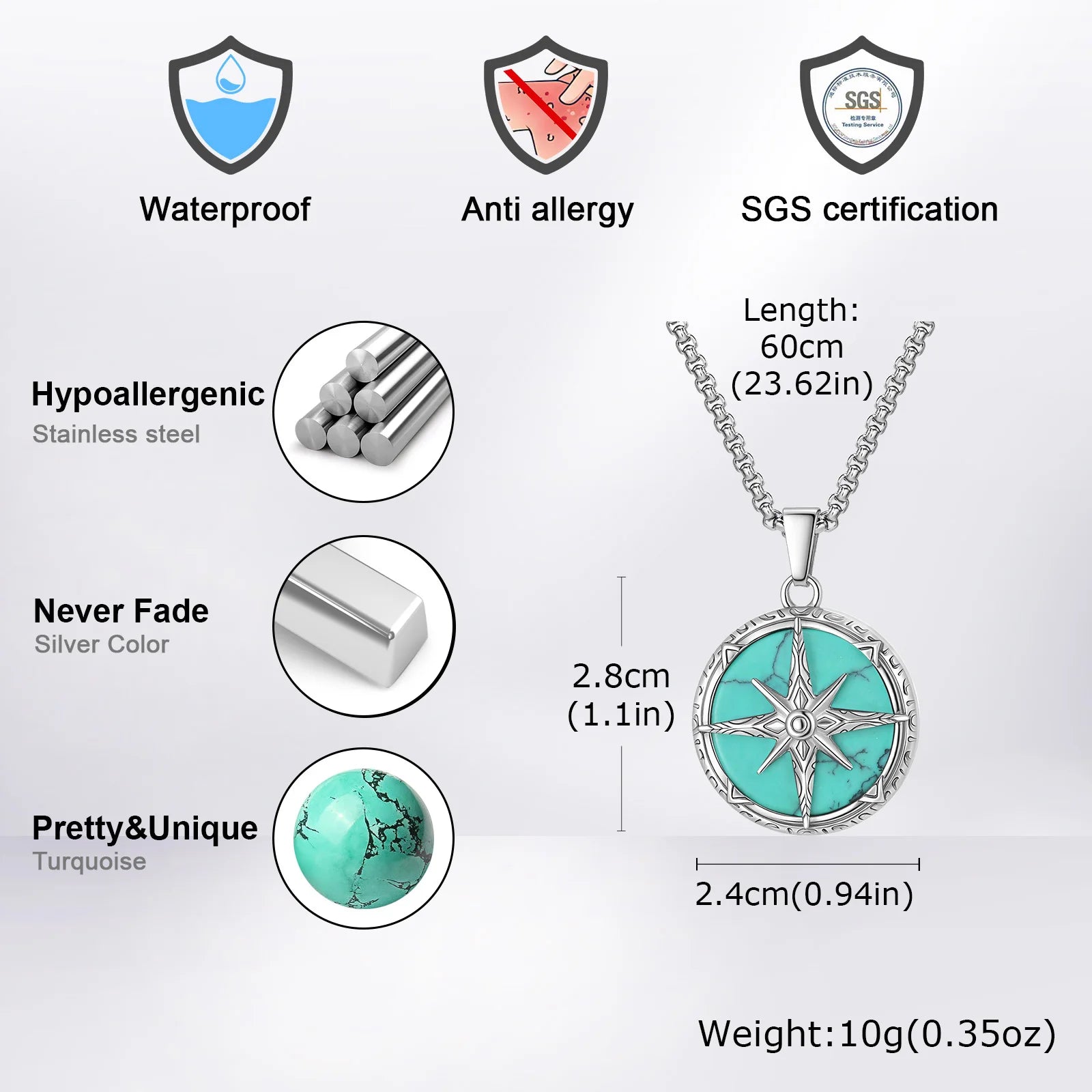Stainless Steel Eight Awn Star Turquoise Pendant Necklace 24x28x6.2mm Hypoallergenic Jewelry Vintage Gifts for Men Women