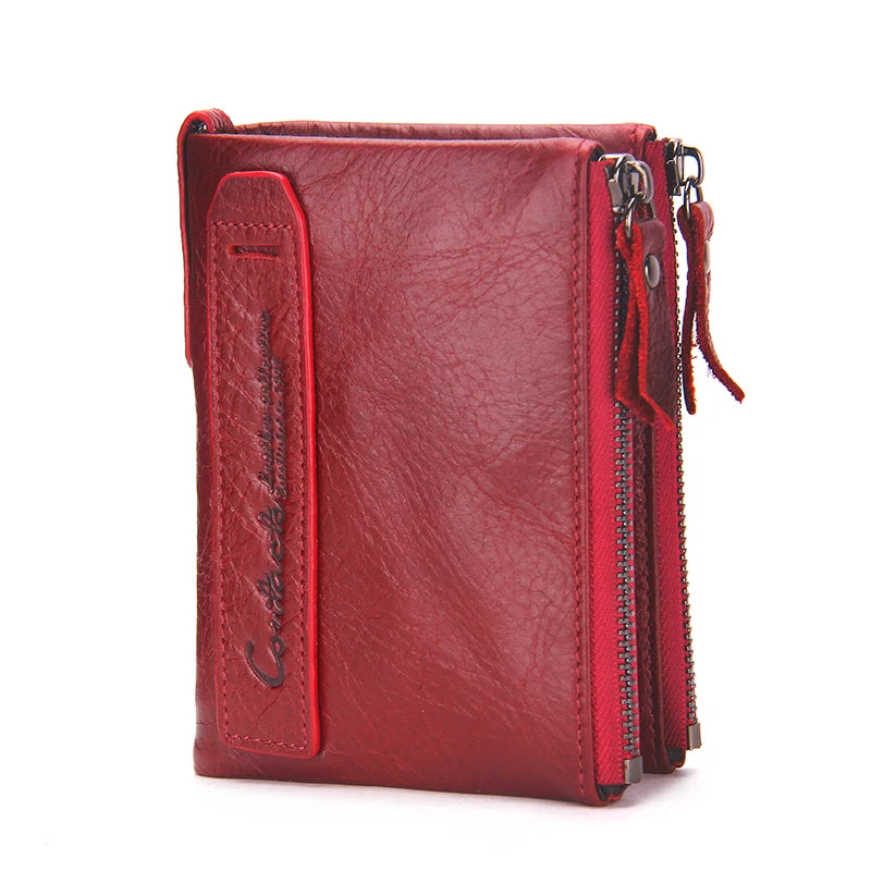 Billetera de cuero genuina Marca de lujo Doble Pe Small Coin Moned Purse Femenino Money Bag Tarjeta de identificación Tarjeta de identificación